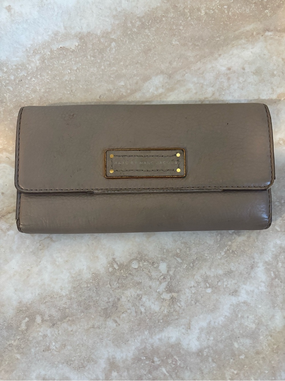 Marc by Marc Jacobs Taupe Gray Leather Continental Wallet with Gold Plaque
